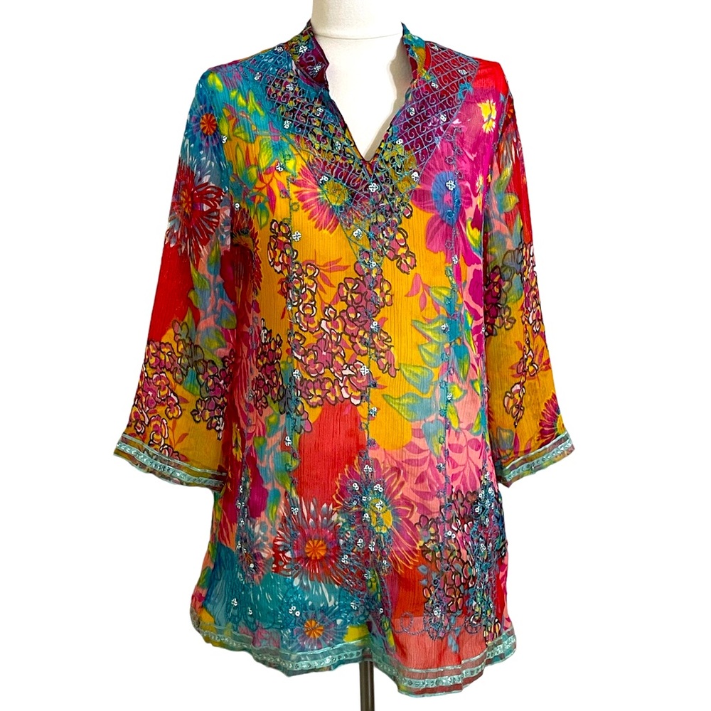 VINTAGE CHARMS Womens Pink Blue Floral Print Embroidered Tunic Size Medium